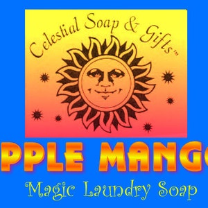 May include: A yellow, orange and red gradient background with a stylised sun with a face and the text "Celestial Soap & Gifts" in black. Below the background is the text "APPLE MANGO Magic Laundry Soap" in orange.