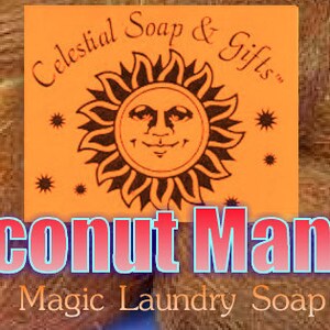 May include: A bar of laundry soap with a bright orange label that says "Celestial Soap & Gifts" with a sun graphic and the text "Coconut Mango Magic Laundry Soap".