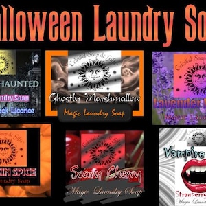 Puede incluir: Imagen promocional de jabones para lavar la ropa con temática de Halloween. La imagen presenta seis etiquetas de productos diferentes con nombres como "Forever Haunted" y "Vampire Bite". Cada etiqueta incluye el nombre del producto, una descripción y el logotipo de Celestial Soap & Gifts.