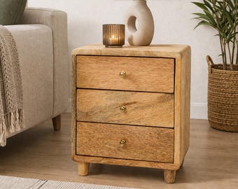 Cajonera pequeña de madera de mango con 3 cajones, mini cómoda rústica, organizador de almacenamiento, tiradores dorados, mesita de noche, pequeño baúl de madera