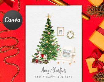 Modello di biglietto di auguri di Buon Natale modificabile su Canva / Biglietto di auguri stampabile / Design di biglietti di Natale festivi / Modello di biglietto di Natale digitale