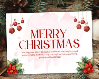 Modello di biglietto di auguri di Natale con acquerello rosso e bianco, modificabile/stampabile su Canva, design digitale per biglietto di auguri di Natale.