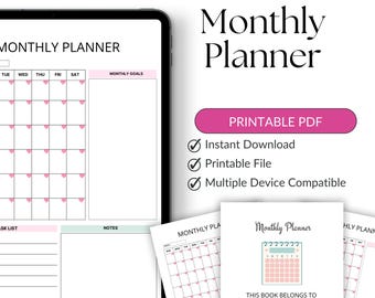 Planner mensile stampabile / Organizzatore del calendario mensile 2026 / Planner di produttività / Impostazione degli obiettivi / Programma mensile in PDF per una facile pianificazione