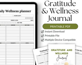 Diario di gratitudine e benessere stampabile / Tracker quotidiano di consapevolezza, cura di sé, riflessione e positività / PDF digitale per la crescita personale