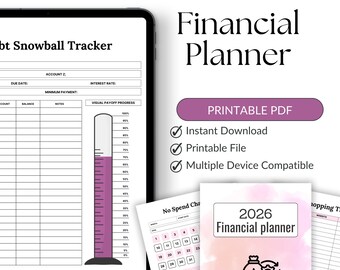 Pianificatore finanziario stampabile / Pianificatore di budget / Tracciatore di spese / Tracciatore di risparmi / Tracciatore di bollette mensili / Organizzatore di denaro PDF per il 2026