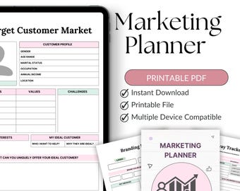 Planner di marketing stampabile / Planner di social media / Planner di strategia aziendale / Calendario dei contenuti di marketing / Obiettivi di marketing e monitoraggio PDF
