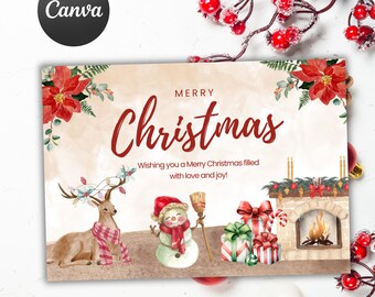 Modello illustrativo di biglietto di auguri di Natale con acquerello, modificabile/stampabile, biglietto di auguri di Natale digitale, design di biglietto di auguri di Natale