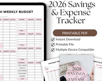 Tracker di risparmi e spese 2026 stampabile / Pianificatore di budget / Registro dei risparmi mensili / Tracker finanziario / Gestione del denaro / Download digitale