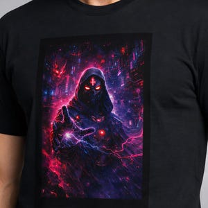 Cyberpunk Demon Priest Graphic T-Shirt: Dark Synthwave Anime Streetwear, Gothic Unisex Tee S-4XL