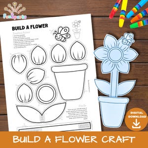 Puede incluir: Kit imprimible "Construye una flor" con instrucciones, piezas de flores y una mariposa. Incluye una plantilla de flor, pétalos y una maceta, perfecto para una actividad creativa. El texto "Build a Flower Craft" está en la parte inferior.
