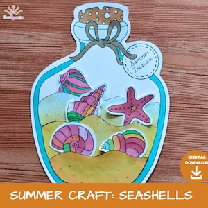 May include: A die-cut paper craft featuring a glass bottle shape filled with yellow sand and colorful seashells, including a pink starfish, a spiral shell, and two conch shells. The bottle has a cork stopper, a brown ribbon, and a circular tag with the text Summer Treasure.