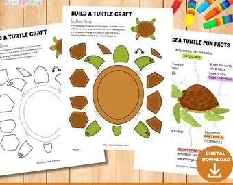 Könnte beinhalten: Drei bedruckbare Seiten für ein Schildkröten-Bastelprojekt. Die Seiten enthalten Anweisungen, eine Schildkrötenkontur und Fakten über Schildkröten. Das Handwerk zeigt ein braunes und grünes Schildkrötendesign. Bunte Marker sind im Hintergrund sichtbar.