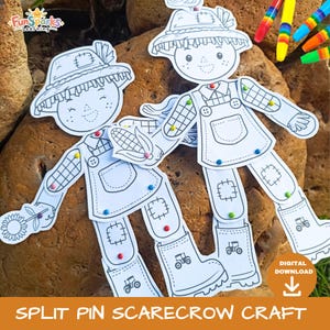 May include: Two paper scarecrow crafts with articulated limbs held together by colorful brads. The scarecrows feature hats, overalls with tractor prints, and patches. One holds a sunflower, the other an ear of corn. Text includes FunSparks Learning and Digital Download.