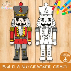 Op de afbeelding: Kleurrijke illustratie van een notenkraker soldaat, naast een zwart-wit omtrekversie. De gekleurde notenkraker heeft een rode jas, grijze broek en een zwarte hoed. De tekst "Build a Nutcracker Craft" staat onderaan.