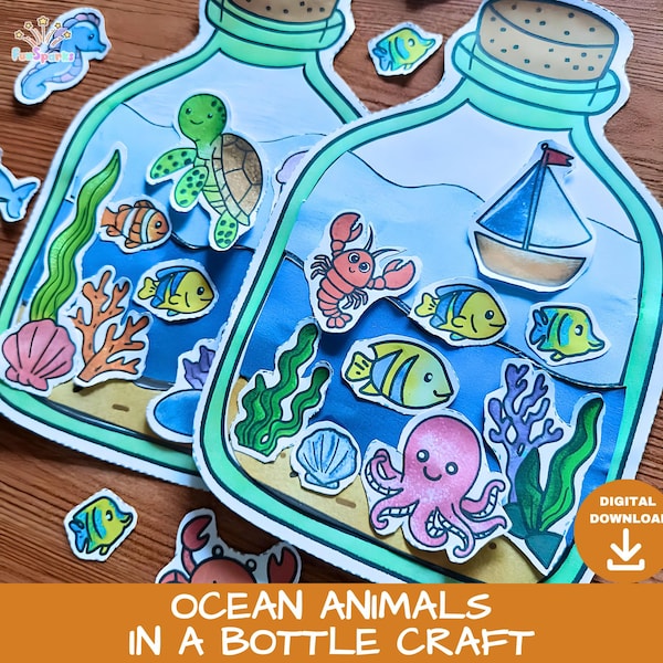 Animaux de l'océan dans une bouteille à imprimer | Activité de bricolage sous la mer | Bricolage pour enfants à découper et coller | Feuille de travail préscolaire