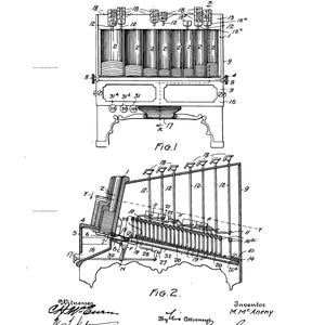 May include: A black and white patent illustration for a change maker, dated 14 March 1899, by M. McAneny. The document features two technical diagrams, labelled Fig. 1 and Fig. 2, showing the internal mechanical components, levers, and coin slots.