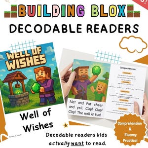以下が含まれることがあります： 「BUILDING BLOX DECODABLE READERS」と書かれた教育資料。ブロック風のビデオゲームをテーマにしたキャラクターやシーンのイラストが描かれています。「Well of Wishes」というテキストが表紙に表示され、「Comprehension & Fluency Practice!」が別の場所に表示されています。