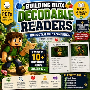May include: A bundle of 10+ printable decodable readers for grades K-2, featuring block-style character illustrations, phonics-based stories like The Thorny Path, and educational text overlays emphasising science of reading alignment and phonics.