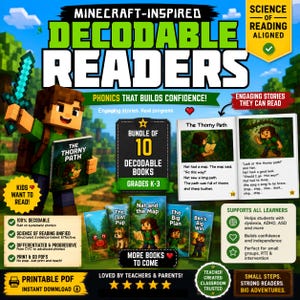 Puede incluir: Un paquete de 10 libros de lectura decodificables inspirados en Minecraft para los grados K-3. Los libros presentan historias atractivas y están diseñados para desarrollar la confianza en la lectura. PDF imprimibles disponibles. Apoya a estudiantes con dislexia, TDAH y TEA.