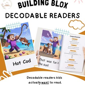 Puede incluir: Material educativo con el texto "BUILDING BLOX DECODABLE READERS". La imagen muestra ilustraciones de personajes en bloques, con los títulos "Hot Cod" y "That was fun in the sun!" en las páginas. El texto también incluye "Decodable readers kids actually want to read."
