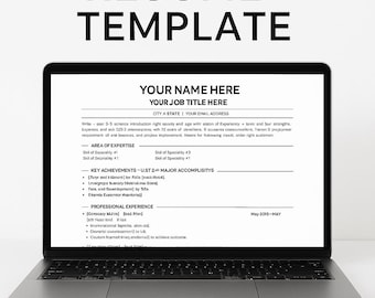 May include: A laptop displaying a resume template with the words "RESUME TEMPLATE" at the top. The resume includes sections for name, job title, area of expertise, key achievements, and professional experience. The bottom of the image says "WORD + CANVA".