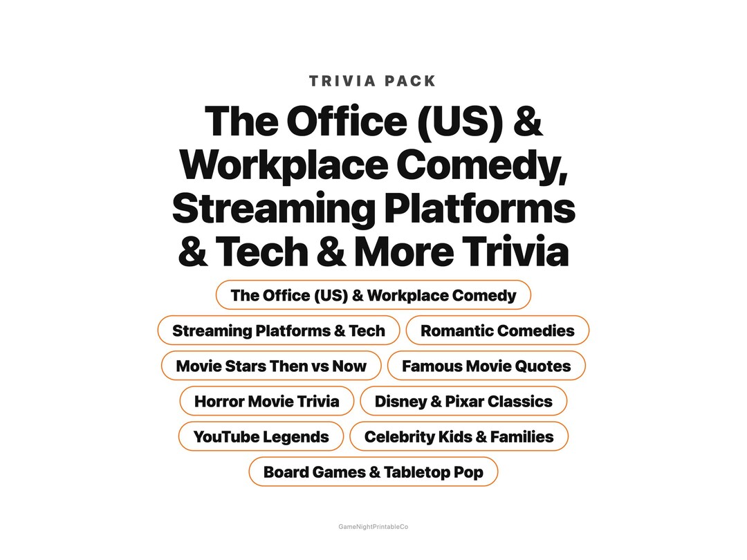 Trivia Topic Screen Pop Culture Trivia Game: Printable Quiz Packs (10 Categories, Score ...