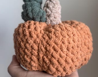 Crochet Pumpkin Plush | Fall Home Decor | Handmade with Green Leaf & Brown Stem