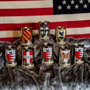 May include: A collection of eight decorative shot glasses with various crest designs. The glasses are arranged in two rows on a gray, textured surface, with the American flag in the background. Each glass features a gold rim and base.