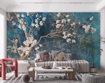 Blue Magnolia Floral Wallpaper – Vintage Botanical Wall Mural