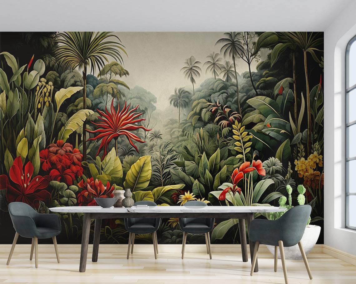 Exotic Tropical Jungle Wall Mural | Botanical Rainforest Wallpaper - Etsy