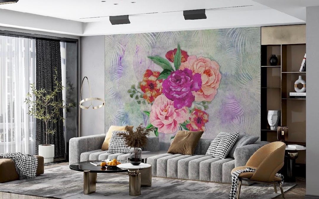 Floral Wall Mural | Watercolor Flower Wallpaper | Modern Living Room ...