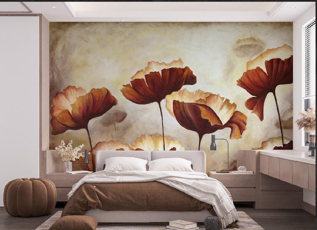 Red Poppy Flower Wall Mural | Warm Toned Wallpaper - Etsy