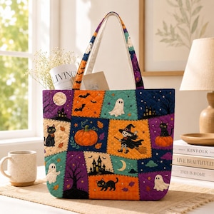 May include: A quilted tote bag featuring a patchwork design with Halloween-themed illustrations including black cats, pumpkins, ghosts, a witch, haunted houses, bats, and moons in shades of orange, purple, teal, and black with two shoulder straps.