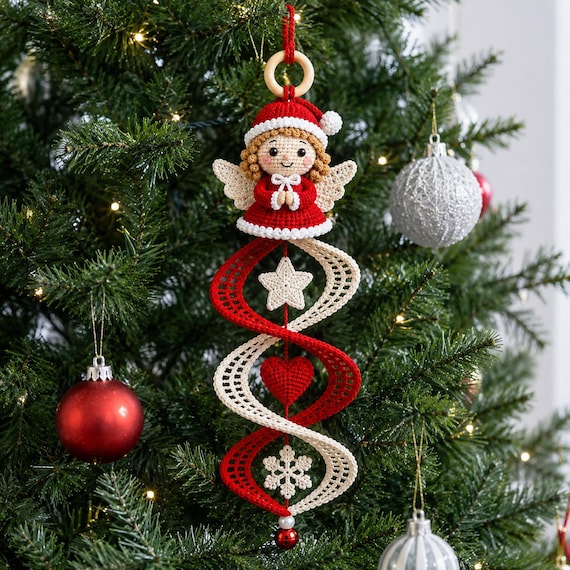 Crochet Christmas Angel Wind Spinner, Holiday Spiral Hanging Decor, Xmas Tree Ornament Pattern (PDF Dowload )