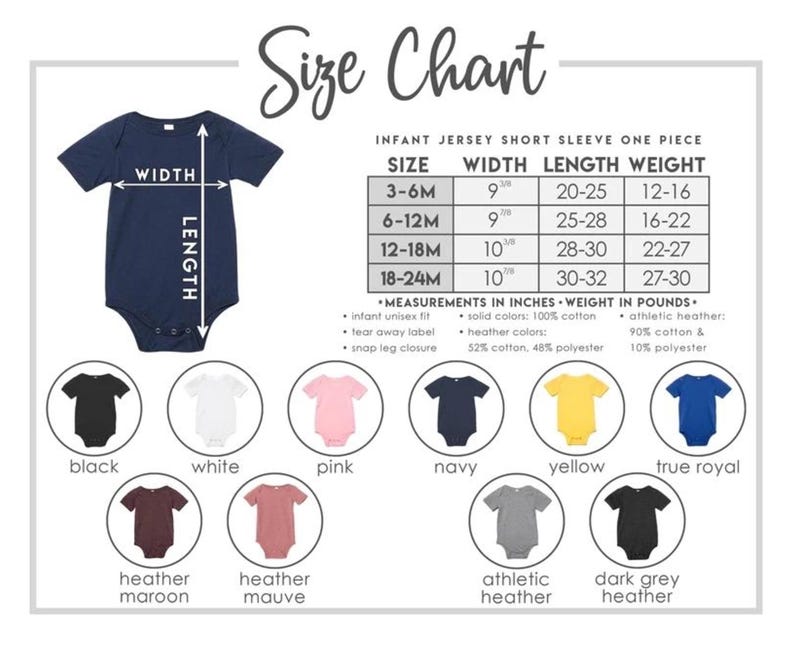 Op de afbeelding: Een marineblauwe baby jersey korte mouw onesie met een maattabel. De tabel geeft afmetingen in inches en gewicht in ponden voor maten 3-6M, 6-12M, 12-18M en 18-24M. Kleuren zijn zwart, wit, roze, marine, geel en koningsblauw.