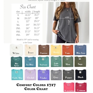Op de afbeelding: Afbeelding van een Comfort Colors 1717 garment-dyed heavyweight t-shirt kleurenkaart. De kaart toont verschillende kleuren, waaronder wit, ivoor, espresso en zwart. Een maattabel is ook opgenomen, met afmetingen in inches voor maten S t/m 4XL.