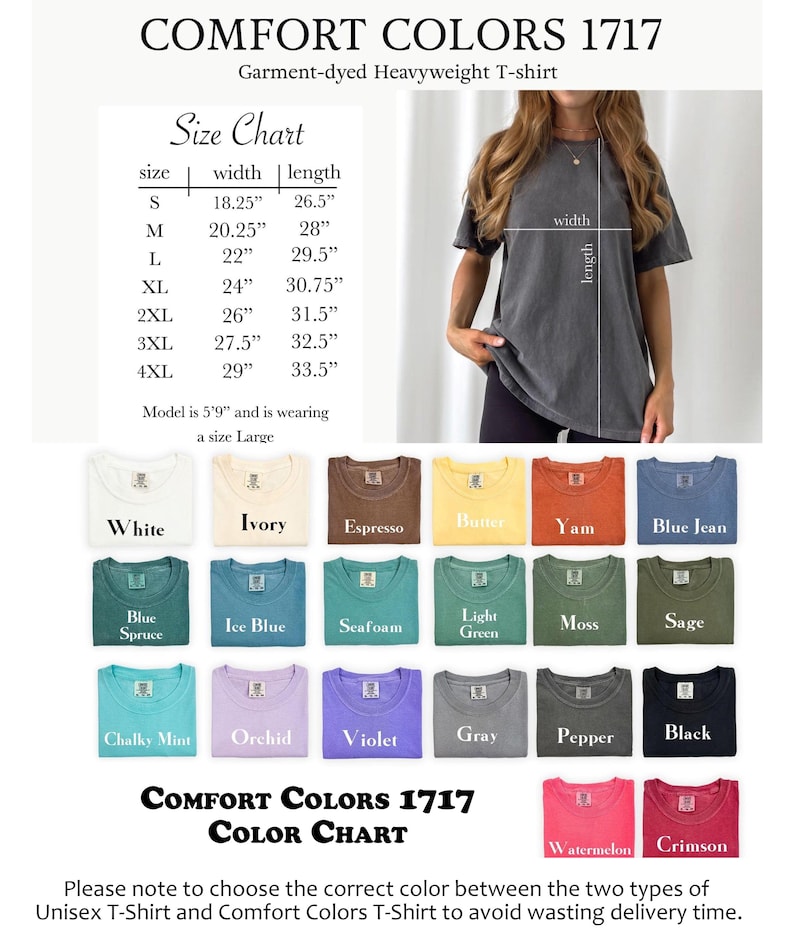 Op de afbeelding: Afbeelding van een Comfort Colors 1717 garment-dyed heavyweight t-shirt kleurenkaart. De kaart toont verschillende kleuren, waaronder wit, ivoor, espresso en zwart. Een maattabel is ook opgenomen, met afmetingen in inches voor maten S t/m 4XL.