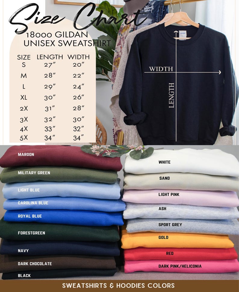 Op de afbeelding: Een marineblauw Gildan unisex sweatshirt hangt aan een houten hanger, met een maattabel en kleuropties. De tabel geeft maten S tot 5XL weer, met lengte- en breedtematen in cm. Kleuropties zijn onder meer bordeauxrood, zwart en wit.