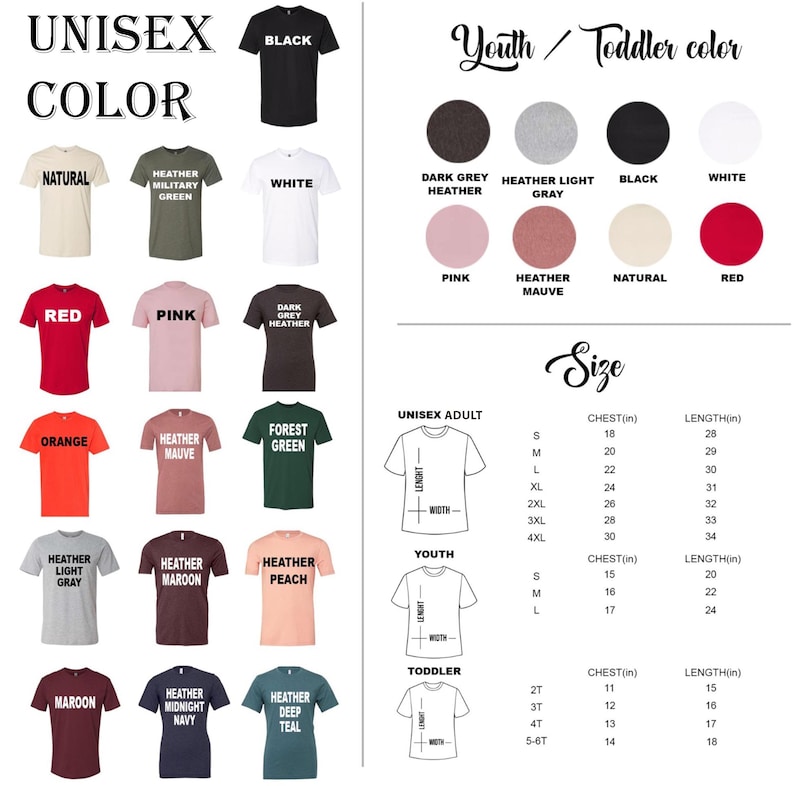 Op de afbeelding: Productcatalogus met unisex T-shirts in verschillende kleuren, waaronder zwart, wit en rood. De afbeelding toont kleurstalen en maattabellen voor volwassenen, jeugd en peuters. De tekst bevat "UNISEX COLOR" en "Youth / Toddler color."