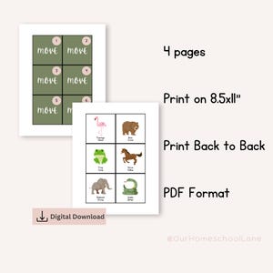 Pu&ograve; includere: Download digitale di materiali didattici stampabili. L'immagine mostra due pagine con testo e illustrazioni. Una pagina ripete la parola "move". L'altra pagina presenta illustrazioni di animali con i loro nomi. Il testo dice "4 pagine", "Print on 8.5x11", "Print Back to Back" e "PDF Format".