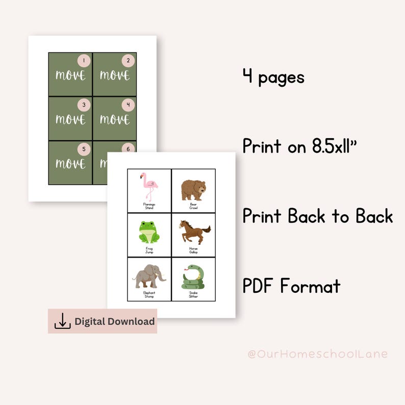 Pu&ograve; includere: Download digitale di materiali didattici stampabili. L'immagine mostra due pagine con testo e illustrazioni. Una pagina ripete la parola "move". L'altra pagina presenta illustrazioni di animali con i loro nomi. Il testo dice "4 pagine", "Print on 8.5x11", "Print Back to Back" e "PDF Format".