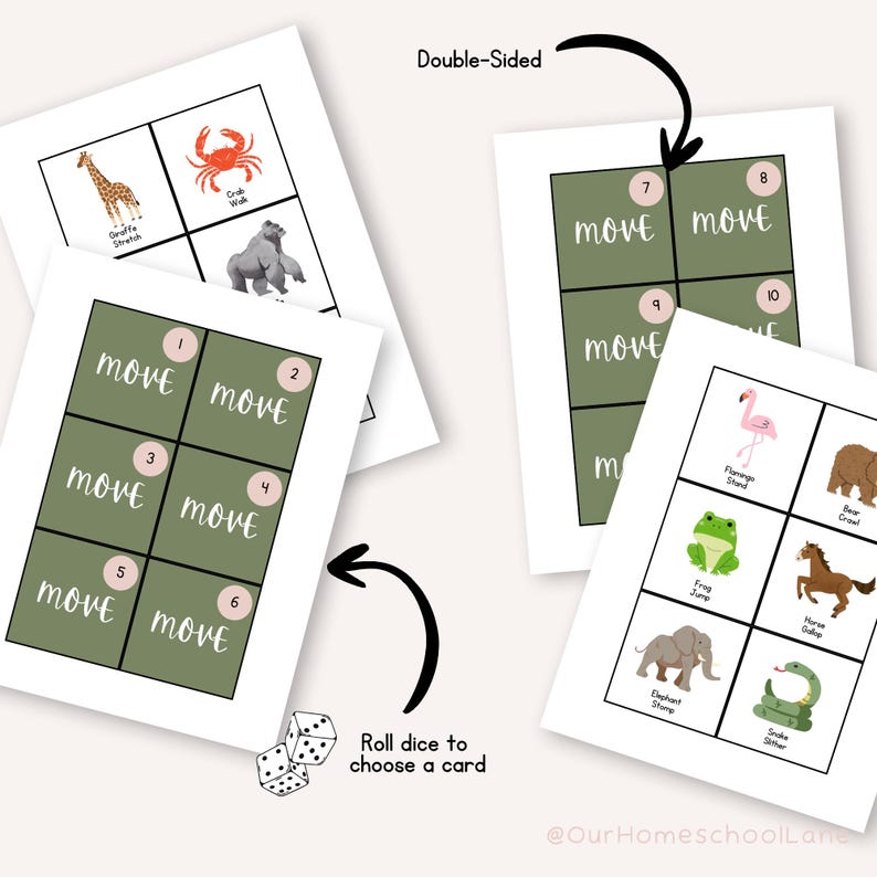 Pu&ograve; includere: Carte di gioco educative con illustrazioni di animali e la parola "MOVE". Le carte sono a doppia faccia e includono un dado per il gioco. Le carte presentano una giraffa, un granchio, un gorilla, un fenicottero, una rana, un cavallo, un elefante e un serpente.