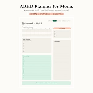 Agenda per mamme con ADHD, agenda digitale settimanale stampabile per la casa, agenda GoodNotes senza data, lista di controllo per liberare la mente e svuotare la mente