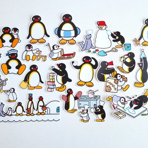 May include: A collection of cartoon penguin stickers in various poses and activities. The penguins are black and white with yellow feet and beaks. Some penguins are building blocks, playing music, or skiing. Other penguins are interacting with a snowman and a seal.