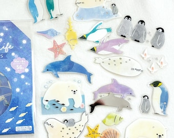 Fun Sea Life dolphins, penguins, sea lions, polar bears, seashells flake deco stickers (56 pcs)