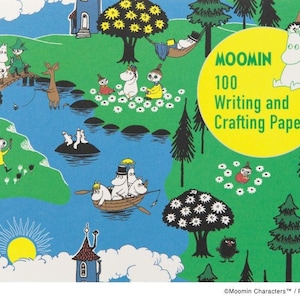 May include: A colorful illustration featuring Moomin characters in a whimsical landscape with a river, trees, and houses. The image includes a yellow circle with the text "MOOMIN 100 Writing and Crafting Papers."