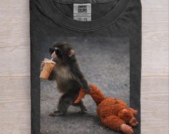 Comfort Colors® Baby Monkey Punch Drinking Iced Coffee Shirt, Animal Lover Gift, Trendy Tee