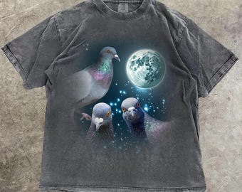 Three Pigeon Retro Graphic T-shirts, Vintage Pigeon Moon Tshirt - Comfort Colors Y2K Tee