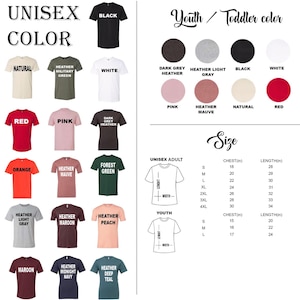 May include: A product image showcasing a variety of unisex t-shirts in various colors, including black, white, red, and orange. The image also displays a size chart with chest and length measurements in inches for both adult and youth sizes.