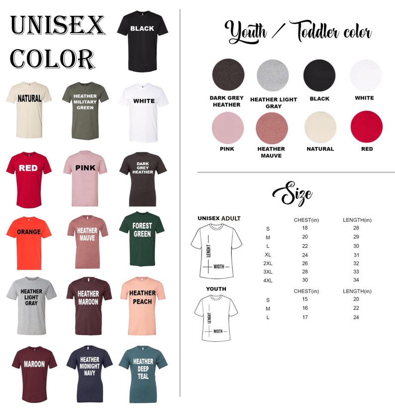 May include: A product image showcasing a variety of unisex t-shirts in various colors, including black, white, red, and orange. The image also displays a size chart with chest and length measurements in inches for both adult and youth sizes.